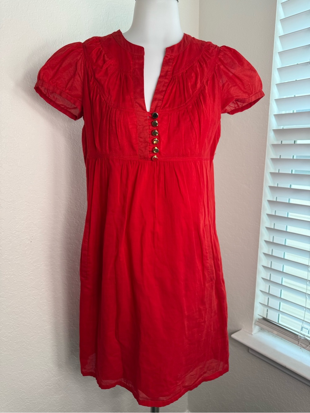 Alba Conde Red Cotton Babydoll Dress Size 40 Made in Spain Puff Sleeve